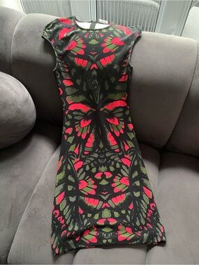 McQ by Alexander McQueen Black Dress with Red & Olive Print